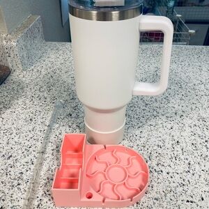 NEW White Insulated Travel Mug with Straw, drying rack and nonslip silicone base